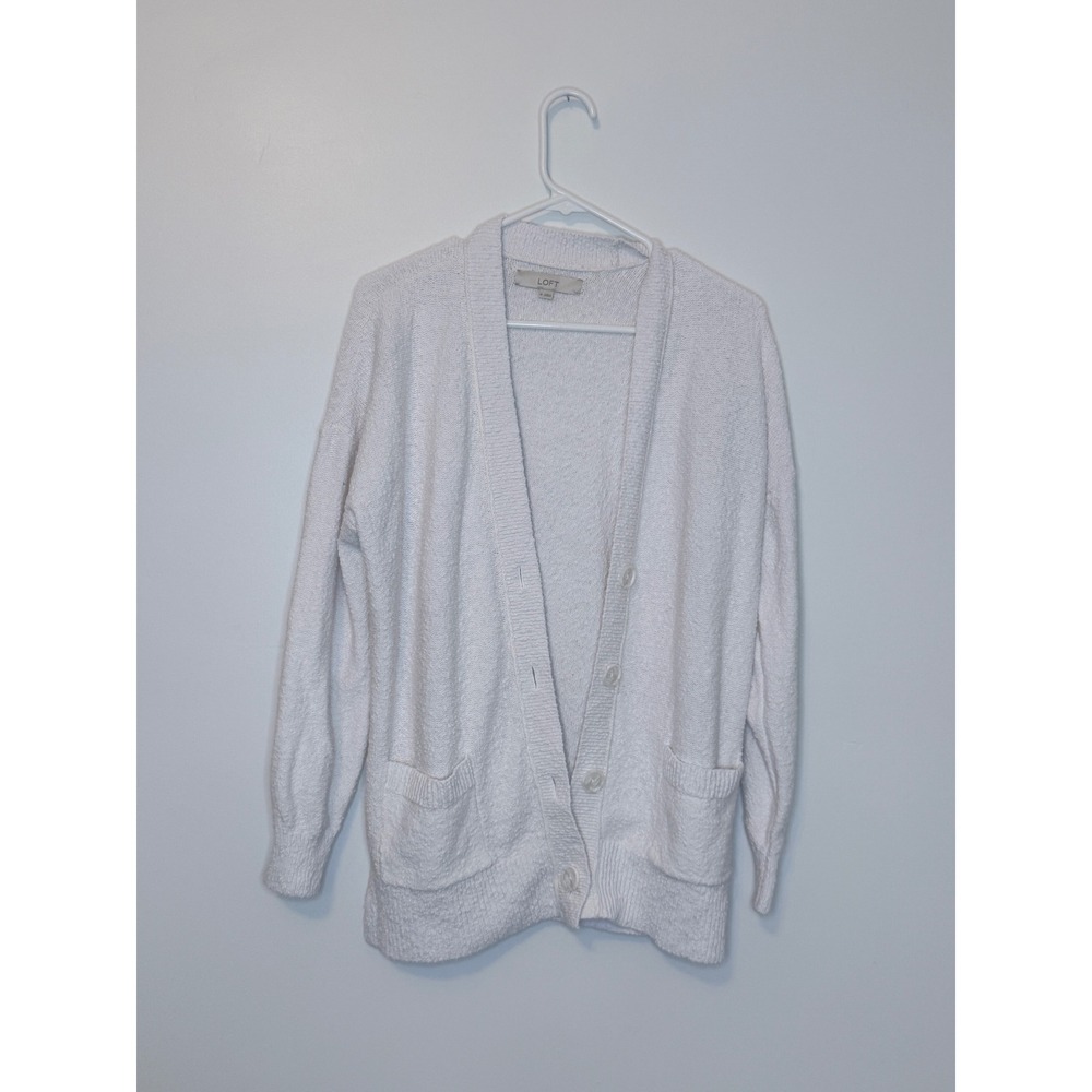 LOFT White Button Front Cardigan Sweater V-Neck Pockets White